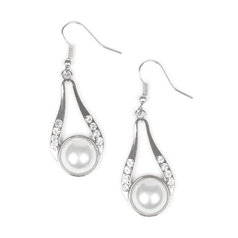 Paparazzi Jewelry Accessories - HEADLINER Over Heels - White Earrings - Vintage - Picture 2 of 4
